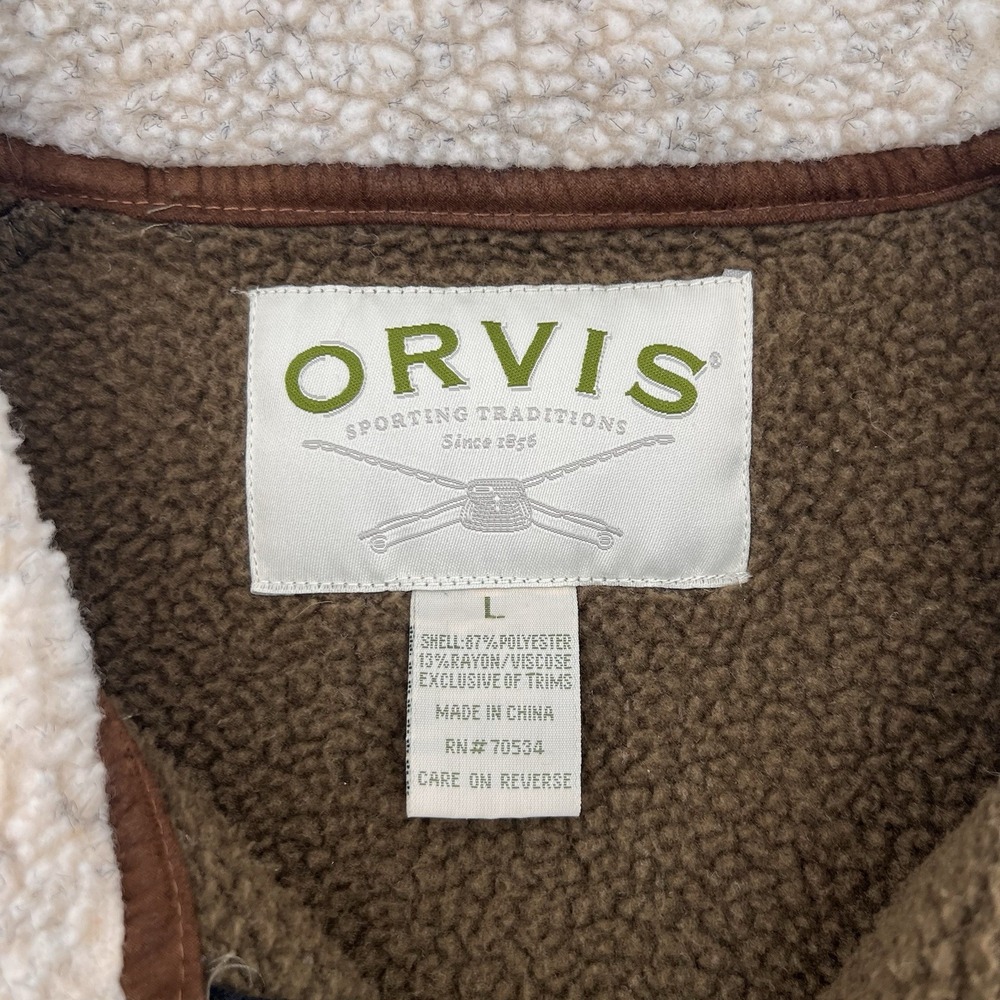 Orvis Vest Mens Large Brown Green Fleece Faux Leather Trim Sherpa Collar Pocket - Picture 4 of 6
